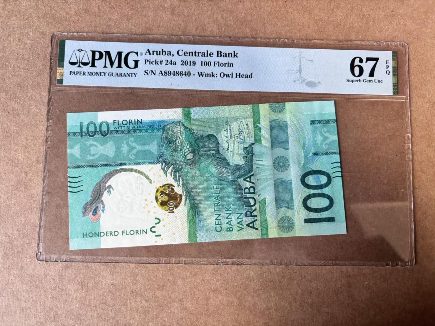 【Blue Auction】世界纸币精拍第750期——18级TOP拍卖/信誉/品质/专业/高效💫 阿鲁巴 2019年100弗罗林 大蜥蜴  PMG67EPQ 