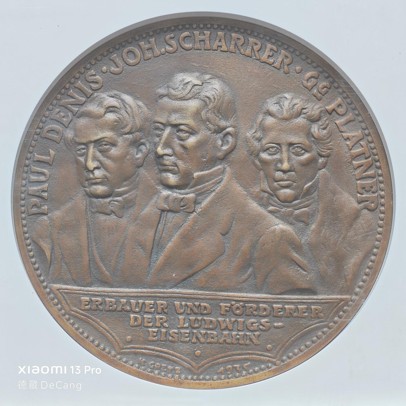 【德藏】世界币章拍卖第153期（拍品征集中~欢迎藏友联系） 1935年 德国第一条铁路开通100周年120mm巨型纪念大铜章 章牌大师卡尔歌词设计 NGC MS63BN 超大尺寸 温润包浆 