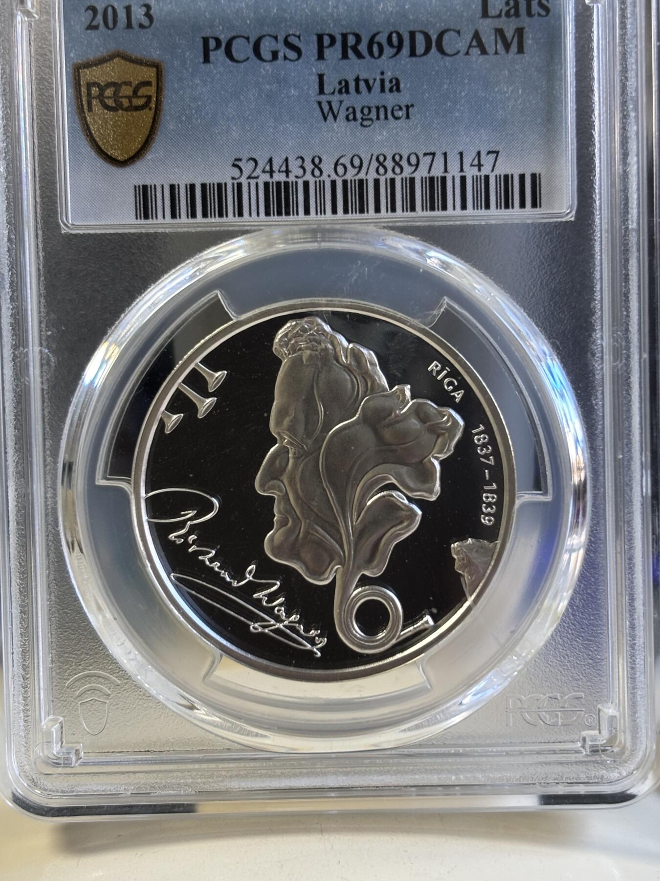 第181期拍卖 获奖币 拉脱维亚2013年作曲家理查德-瓦格纳1拉特精制银币 PCGS-PR69,获2015年克劳斯最佳银币，925银，22克
