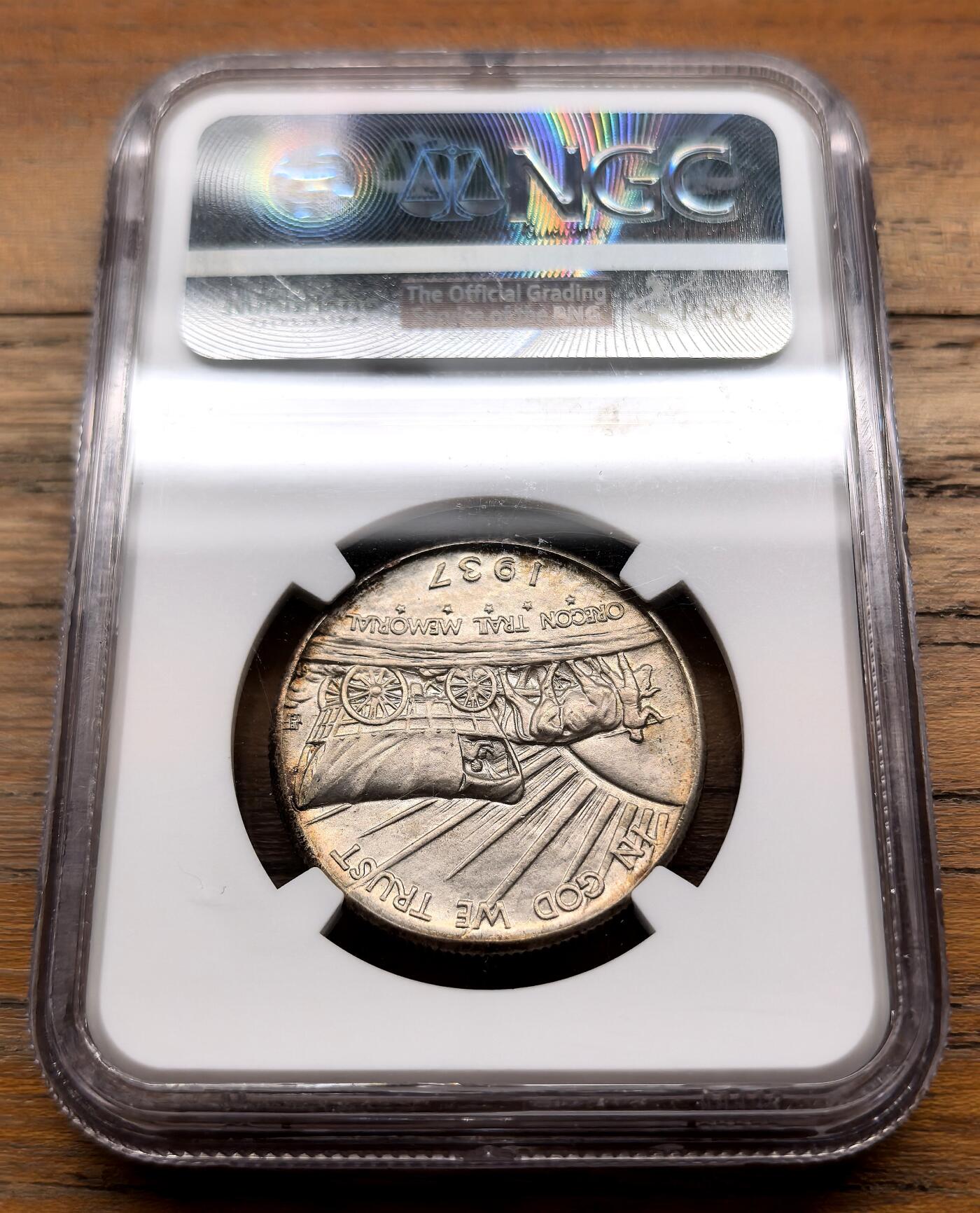 泉海漫舟·凡希社世界钱币微拍第三百十四期 1937D美国俄勒冈小道纪念50分银币NGC-MS67，西部开发的主要行进路线，美国重要的历史遗迹，顶级高分收藏级。