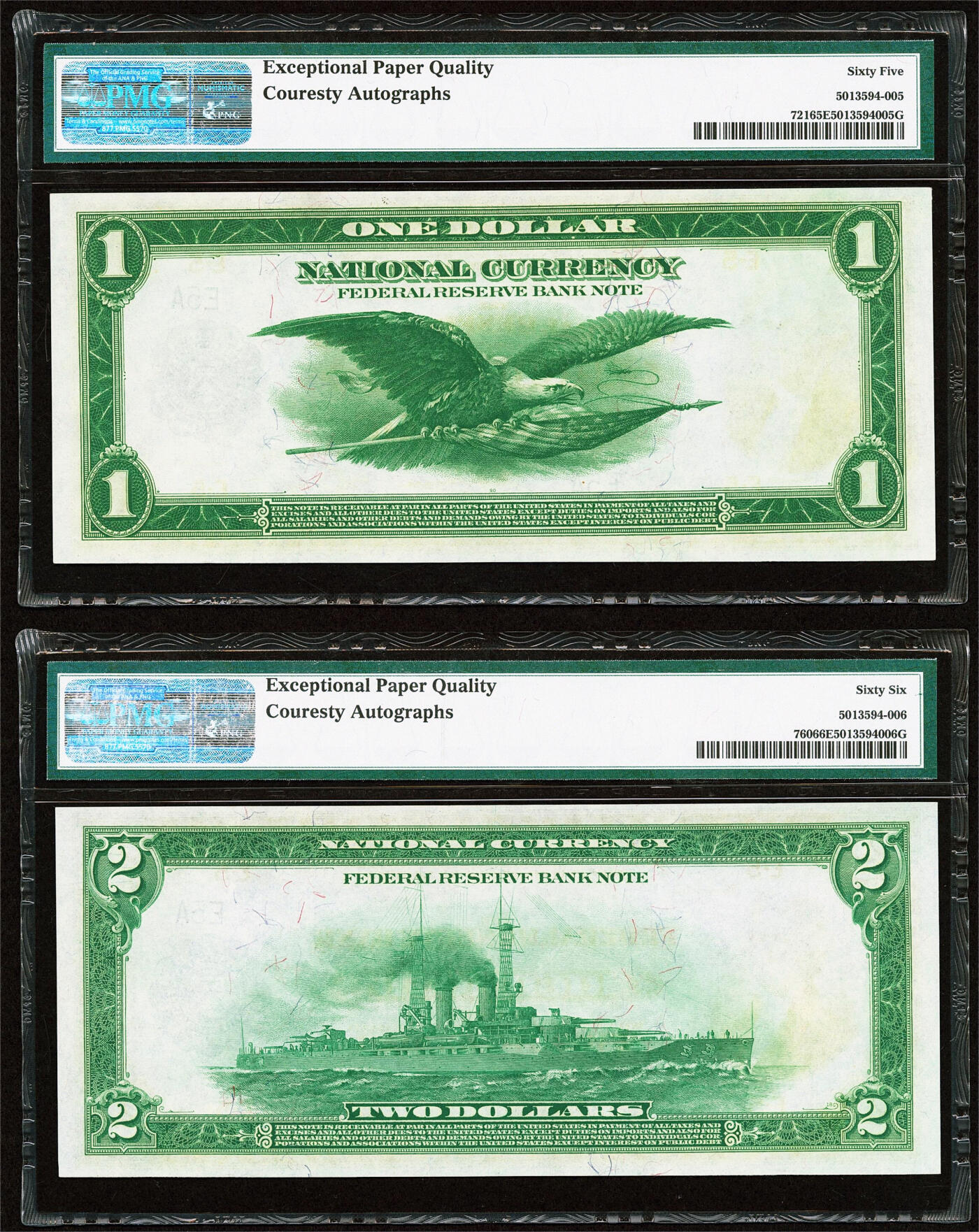 【Blue Auction】世界纸币精拍第750期——18级TOP拍卖/信誉/品质/专业/高效💫      【一组2张 均5号极小号 当时行长和出纳员亲笔签名】美国 1918年1-2美金 少见里士满版 PMG66EPQ-65EPQ 老壳 大飞鹰&军舰 华盛顿&杰斐逊 雕刻精美 大票幅 （这是一件关于美联储银行历史的伟大藏品 类似的2张7号的2017年曾拍了18000美金 这套数更小）