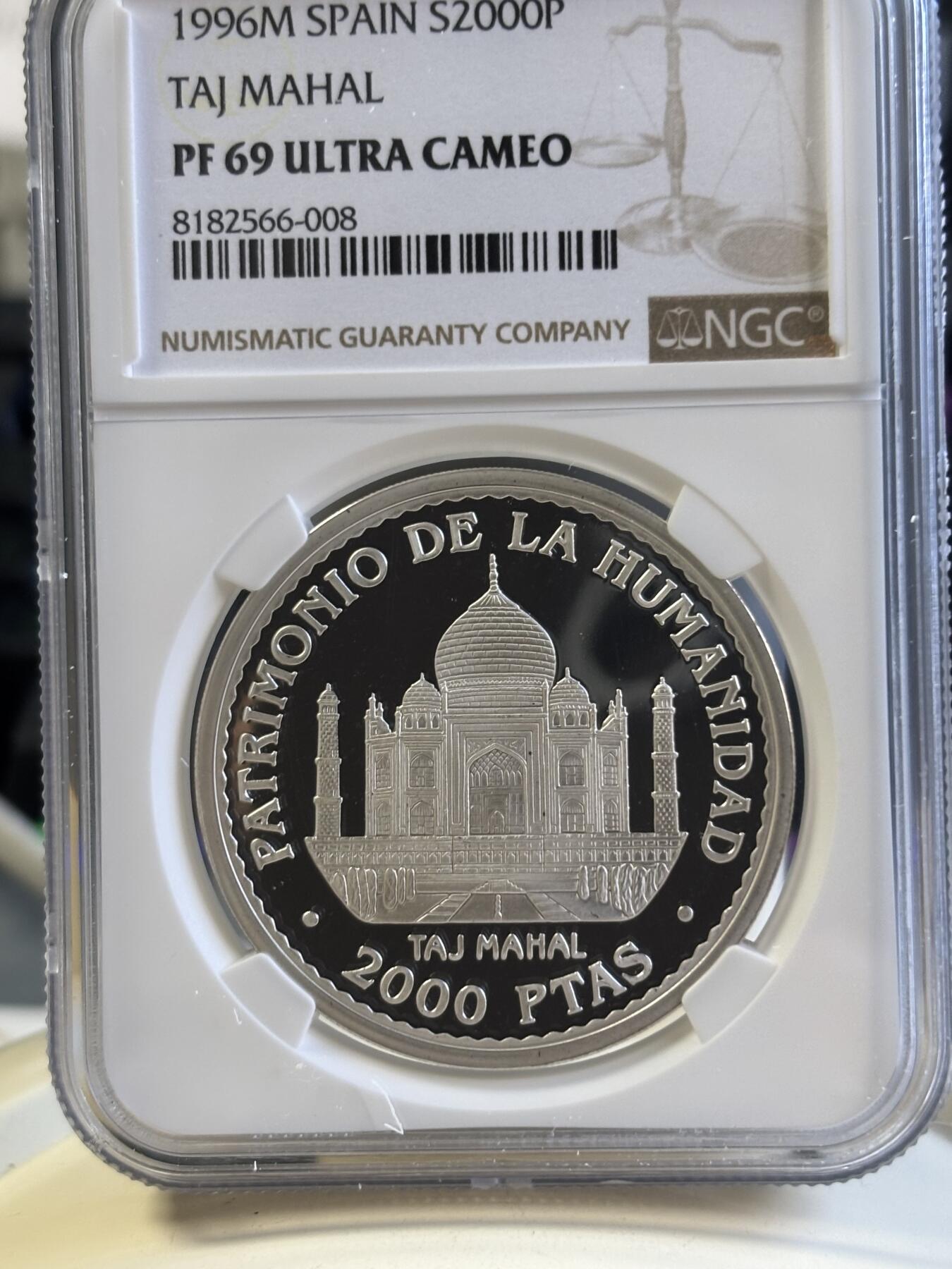 第181期拍卖 西班牙 1996年印度泰姬陵2000比塞塔纪念银币NGC-PF69,925银，27克
