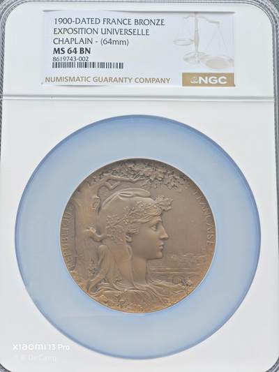 【德藏】世界币章拍卖第153期（拍品征集中~欢迎藏友联系） - 1900年 法国万国博览会高浮雕64mm纪念大铜章 NGC MS64BN 层次感极强 细节极其丰富 大盒封装
