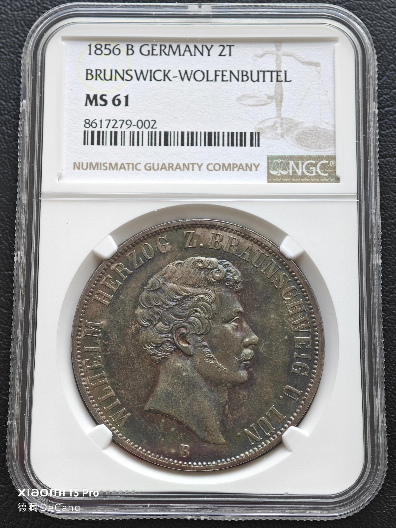 【德藏】世界币章拍卖第153期（拍品征集中~欢迎藏友联系） 1856年 德国布伦瑞克狼堡加冕执政25周年2泰勒纪念大银币 NGC MS61 五彩包浆 极具吸引力 状态极佳 币面凹凸有致 