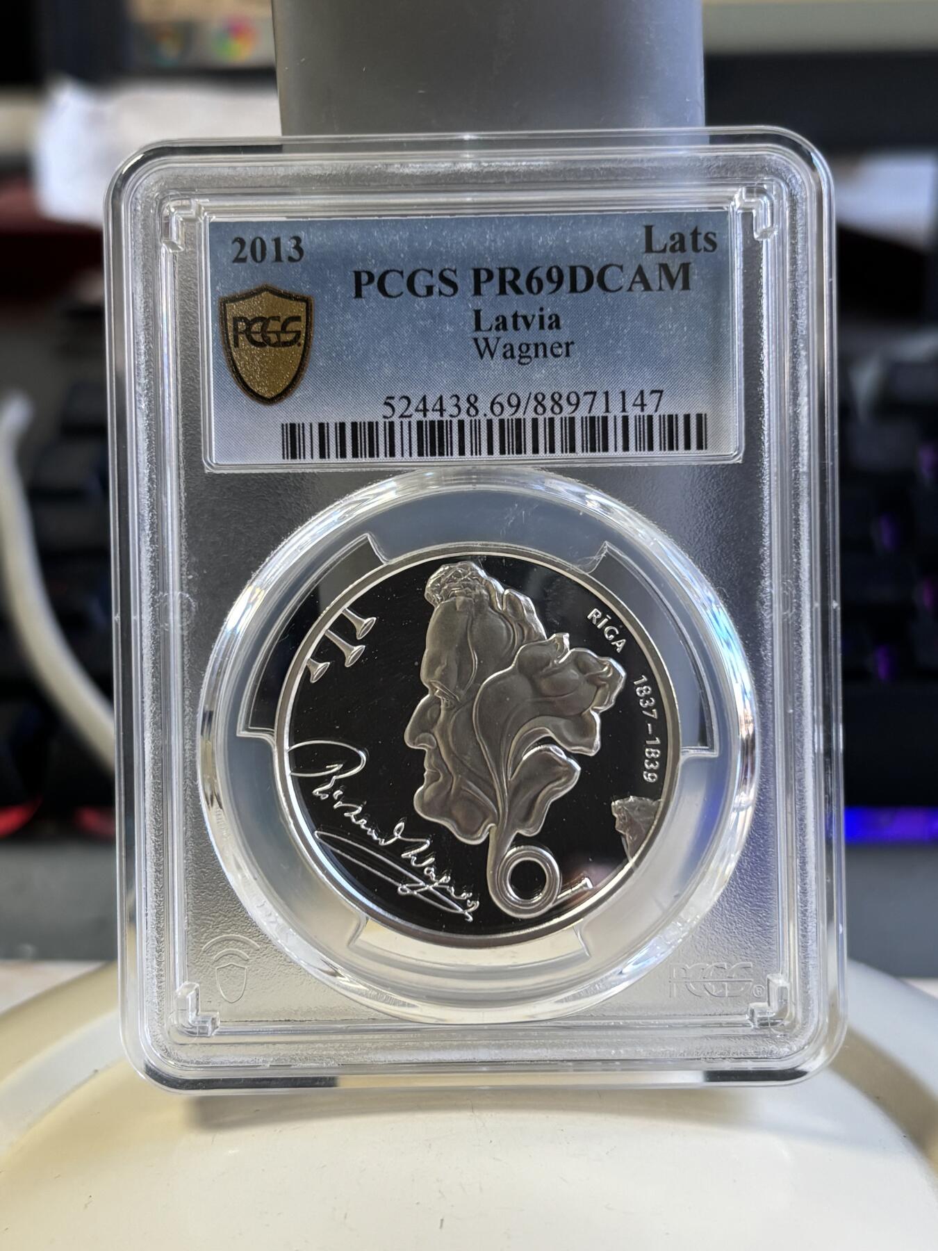 第181期拍卖 获奖币 拉脱维亚2013年作曲家理查德-瓦格纳1拉特精制银币 PCGS-PR69,获2015年克劳斯最佳银币，925银，22克