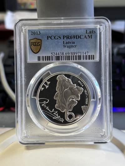 第181期拍卖 - 获奖币 拉脱维亚2013年作曲家理查德-瓦格纳1拉特精制银币 PCGS-PR69,获2015年克劳斯最佳银币，925银，22克