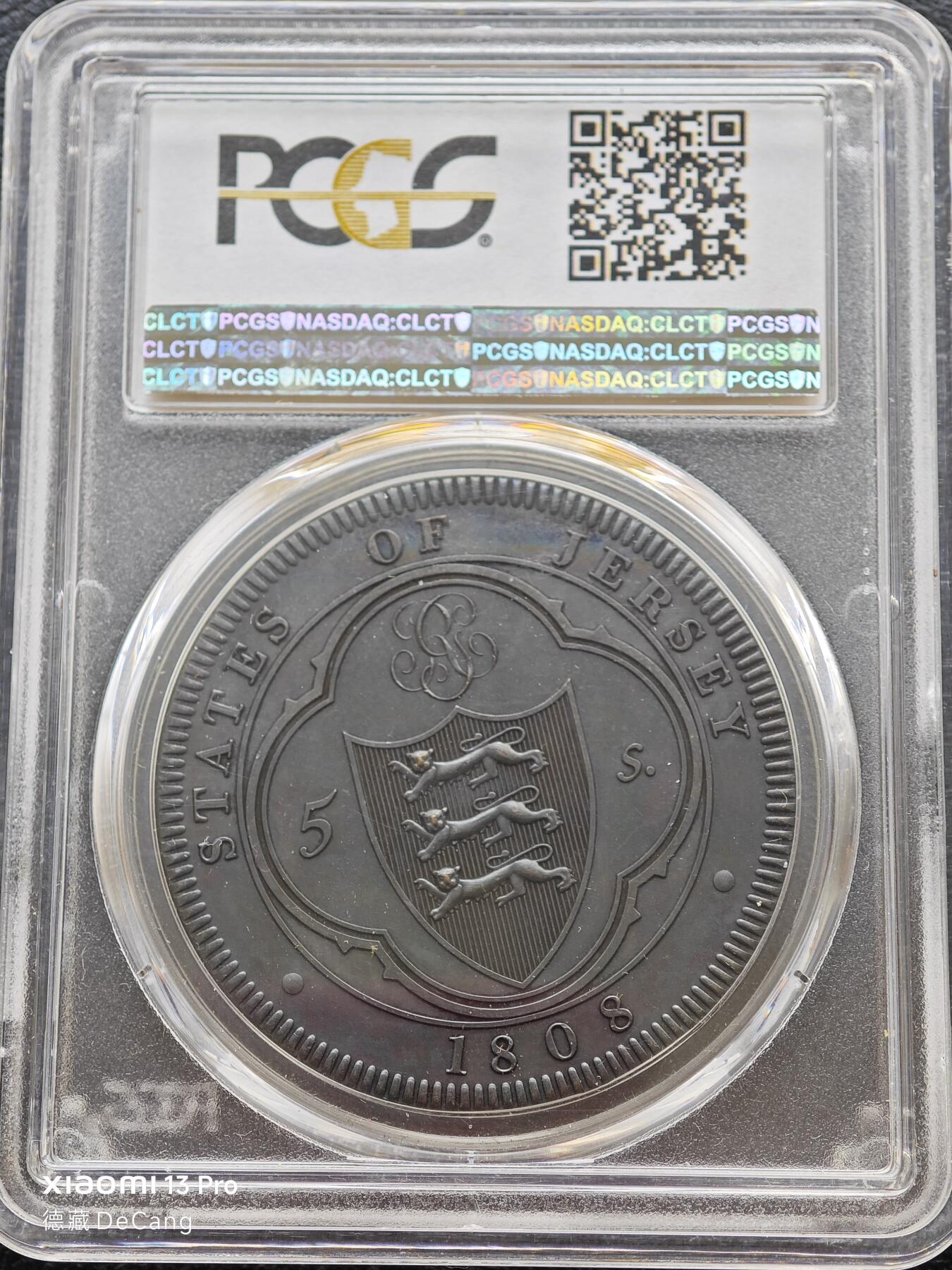 【德藏】世界币章拍卖第153期（拍品征集中~欢迎藏友联系） 1808年(后铸) 泽西岛精制5先令 PCGS PR65BN 非常规币目录编号#M8a 状态极佳
