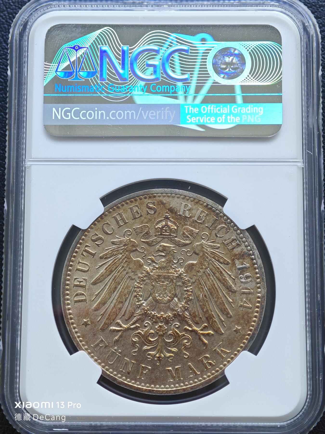 【德藏】世界币章拍卖第153期（拍品征集中~欢迎藏友联系） 1914年 德国萨克森弗里德里希5马克大银币 NGC MS61 状态极佳 金属包浆 极具吸引力