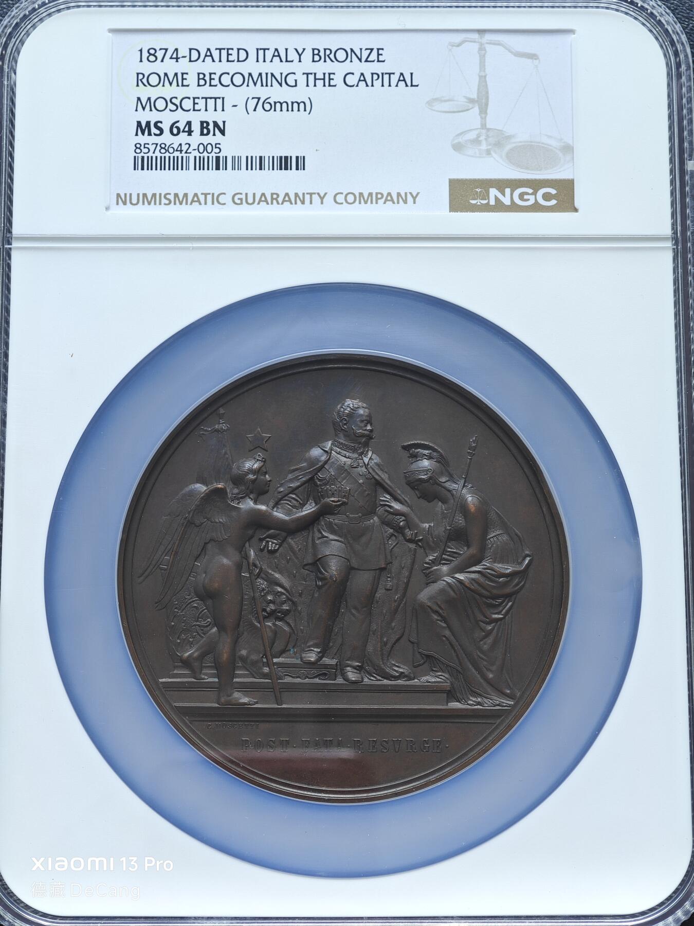 【德藏】世界币章拍卖第153期（拍品征集中~欢迎藏友联系） 1874年 意大利罗马宣言76mm纪念高浮雕大铜章 NGC MS64BN 原味老包浆 大尺寸 状态极佳 立体感十足 大盒封装
