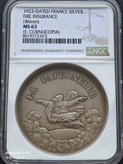 【德藏】世界币章拍卖第153期（拍品征集中~欢迎藏友联系） - 1923年 法国火灾保险纪念银章 NGC MS63 磨砂质感 立体感极强