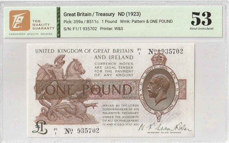 2025十一月第四期，总202期 英国1923版1镑TQG53分，爱尔兰独立前早期“大不列颠及爱尔兰联合王国”抬头，乔治五世国王和威斯敏斯特宫