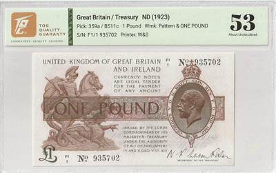 2025十一月第四期，总202期 - 英国1923版1镑TQG53分，爱尔兰独立前早期“大不列颠及爱尔兰联合王国”抬头，乔治五世国王和威斯敏斯特宫