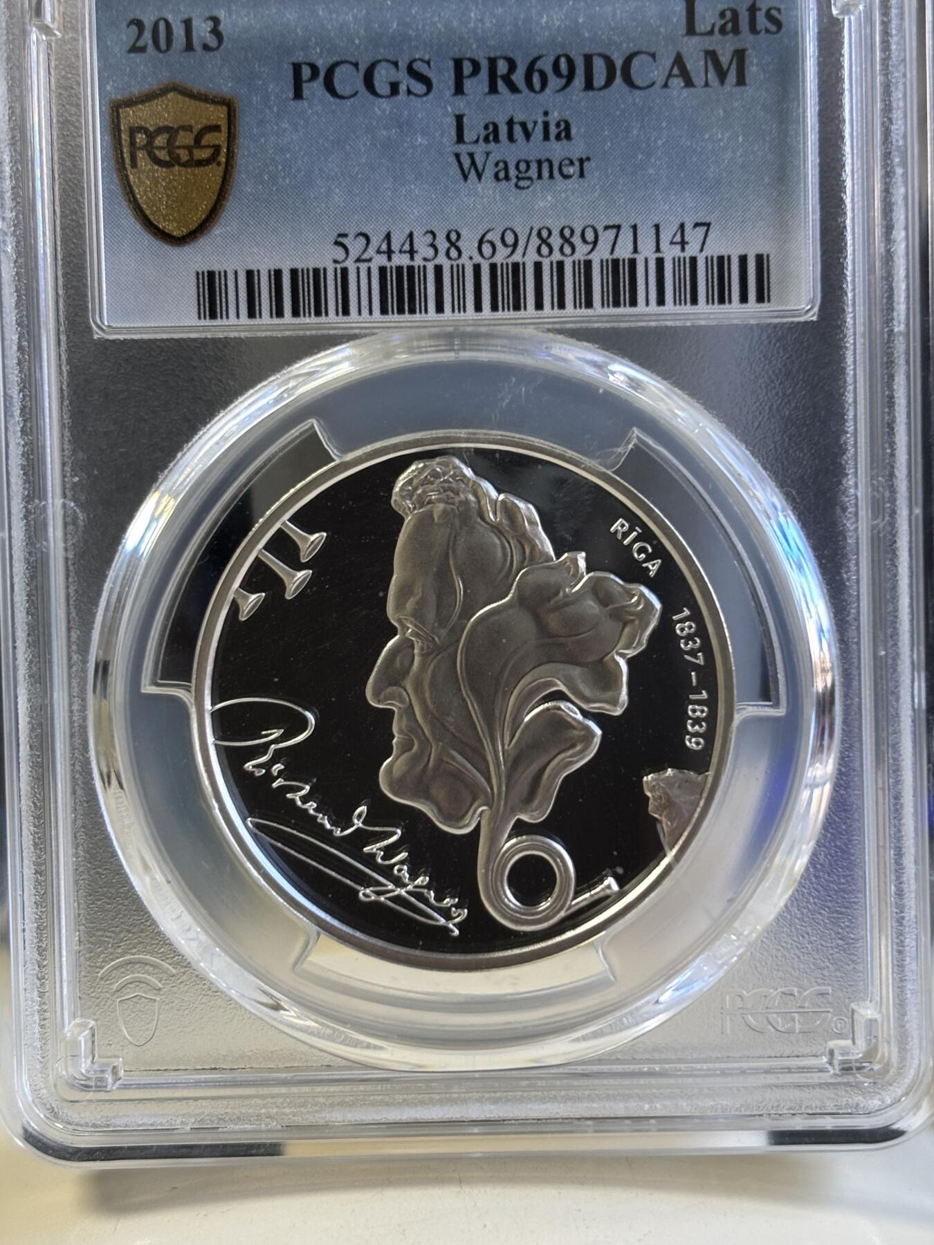 第181期拍卖 获奖币 拉脱维亚2013年作曲家理查德-瓦格纳1拉特精制银币 PCGS-PR69,获2015年克劳斯最佳银币，925银，22克