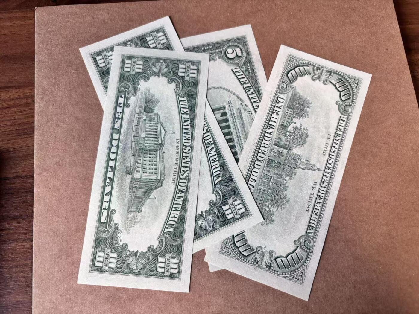 【Blue Auction】世界纸币精拍第750期——18级TOP拍卖/信誉/品质/专业/高效💫 【一组4张含无47】美国 1985-95年5-100美金UNC/UNC- 