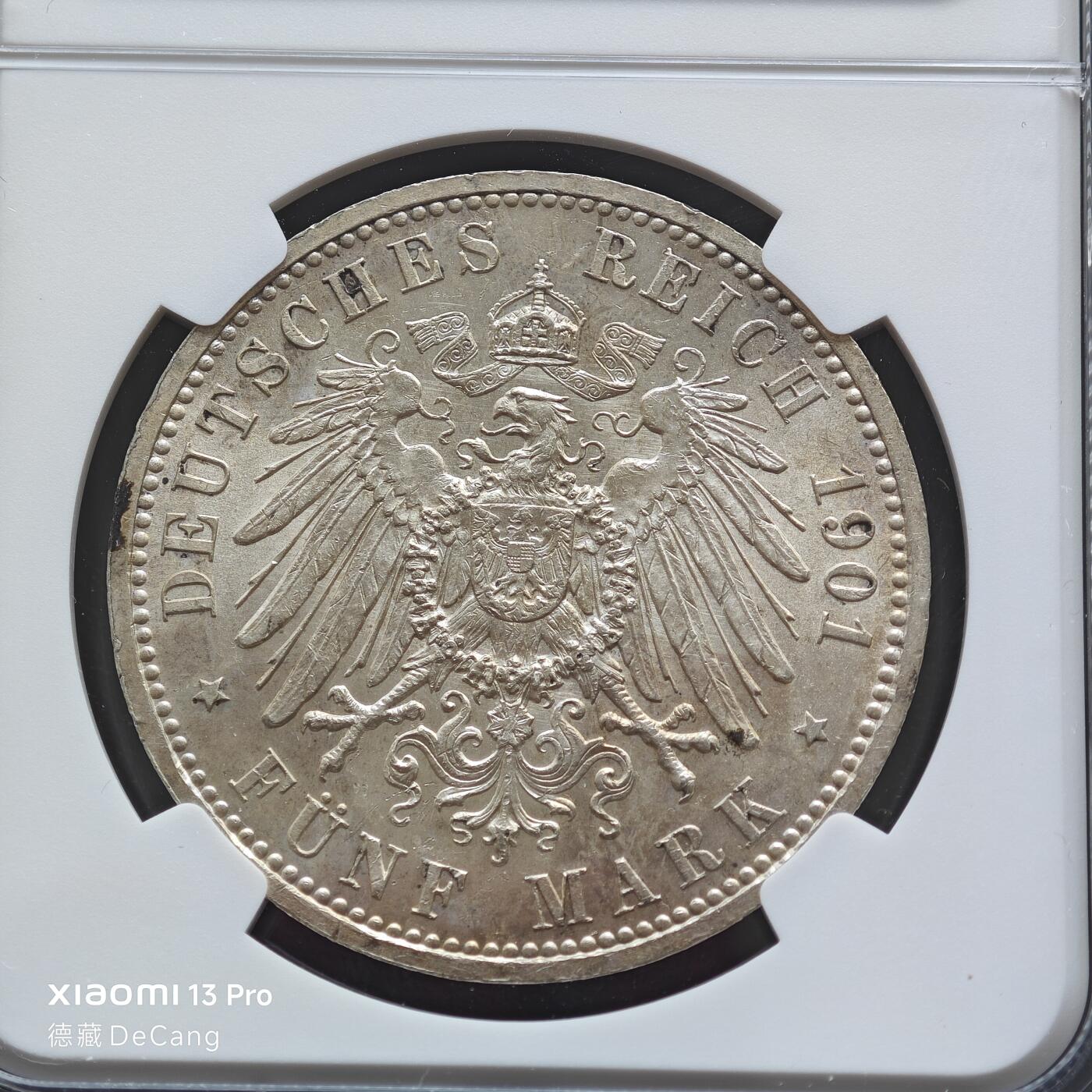 【德藏】世界币章拍卖第153期（拍品征集中~欢迎藏友联系） 1901年 德国普鲁士建国200周年5马克银币 NGC MS63 状态极佳 淡包浆 转光十足
