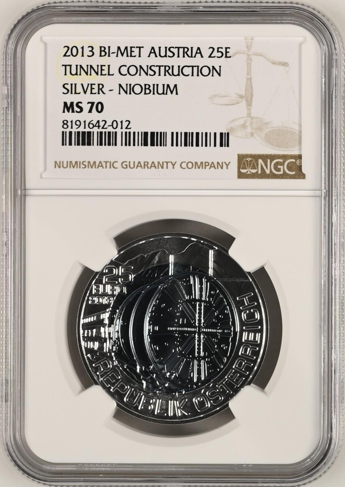 S&S Numismatic世界钱币-拍卖 第115期  获奖币*奥地利2013年 隧道施工 25欧元双色银+铌双色纪念币 NGC MS70  盒证齐全