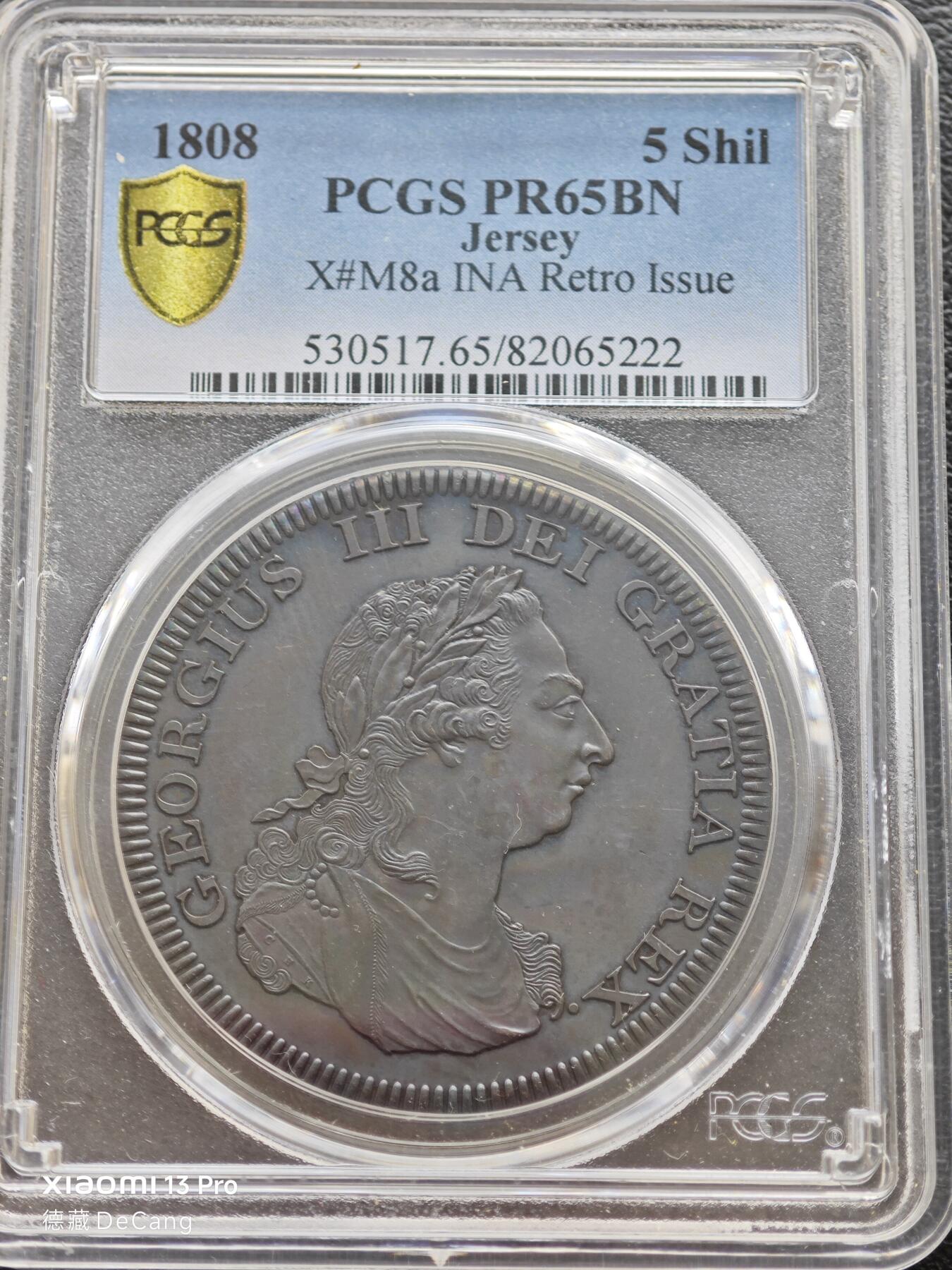 【德藏】世界币章拍卖第153期（拍品征集中~欢迎藏友联系） 1808年(后铸) 泽西岛精制5先令 PCGS PR65BN 非常规币目录编号#M8a 状态极佳