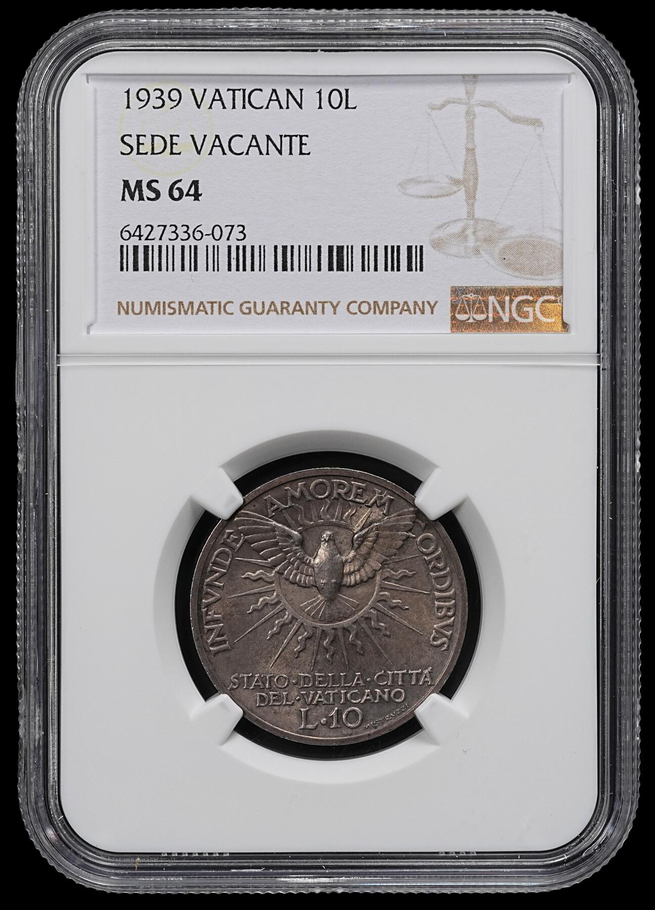 修遠堂世界钱币第九十三期 NGC MS64 1939年梵蒂冈教皇缺位10里拉银币
