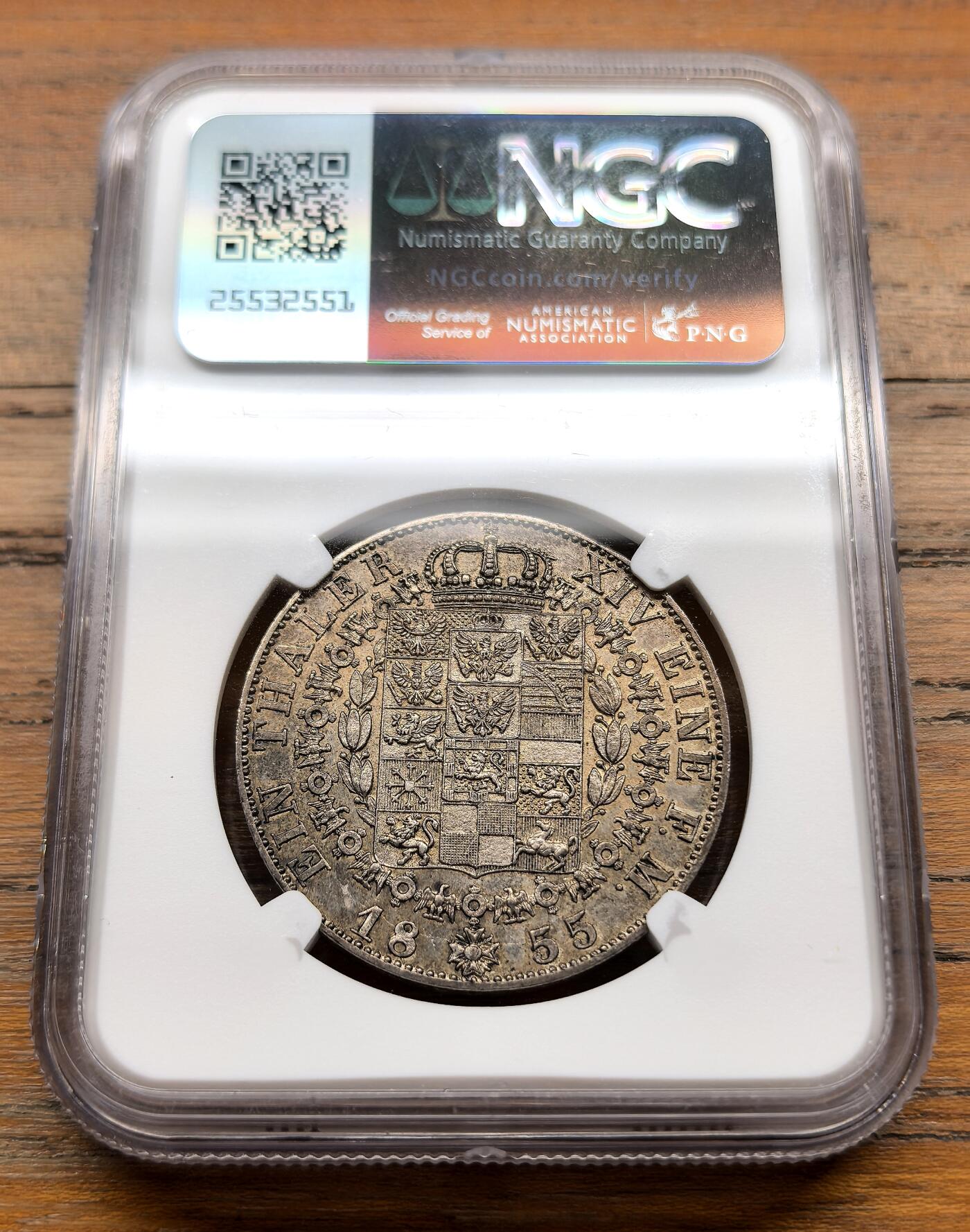 泉海漫舟·凡希社世界钱币微拍第三百十四期 1855德国普鲁士威廉四世盾徽泰勒NGC-MS61