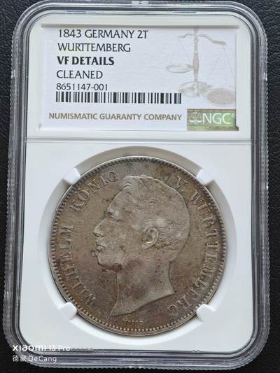 【德藏】世界币章拍卖第153期（拍品征集中~欢迎藏友联系） - 1843年 德国符腾堡2泰勒大银币 NGC VF 状态安逸 背面立体感极强