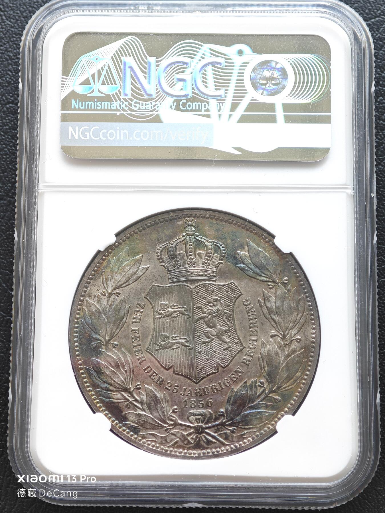 【德藏】世界币章拍卖第153期（拍品征集中~欢迎藏友联系） 1856年 德国布伦瑞克狼堡加冕执政25周年2泰勒纪念大银币 NGC MS61 五彩包浆 极具吸引力 状态极佳 币面凹凸有致 