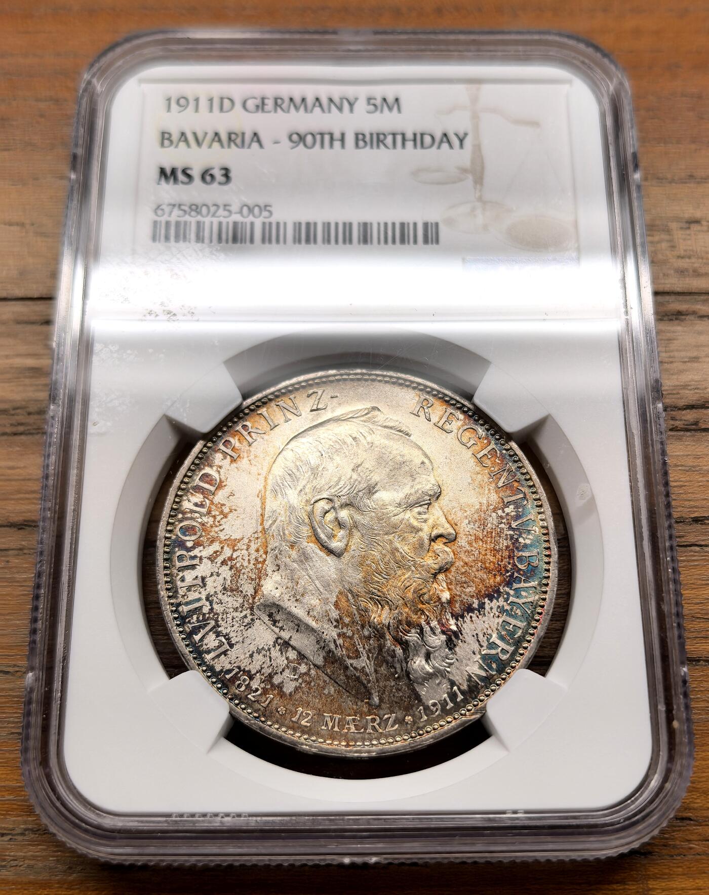 泉海漫舟·凡希社世界钱币微拍第三百十四期 1911D德国巴伐利亚5马克大银NGC-MS63