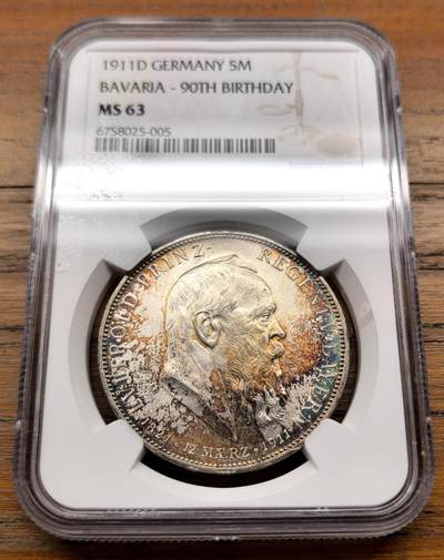 泉海漫舟·凡希社世界钱币微拍第三百十四期 - 1911D德国巴伐利亚5马克大银NGC-MS63