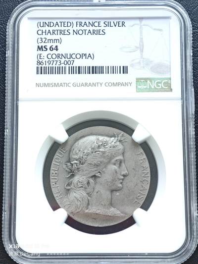 【德藏】世界币章拍卖第153期（拍品征集中~欢迎藏友联系） - 19世纪 法国沙特尔公证人女神纪念银章代用币 NGC MS64 人物立体 盾徽细节丰富