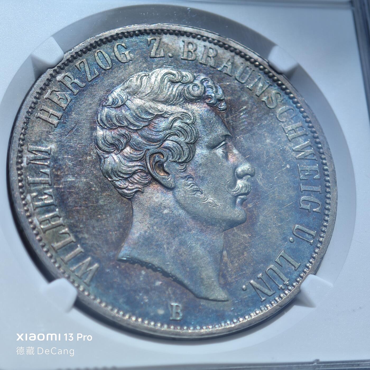 【德藏】世界币章拍卖第153期（拍品征集中~欢迎藏友联系） 1856年 德国布伦瑞克狼堡加冕执政25周年2泰勒纪念大银币 NGC MS61 五彩包浆 极具吸引力 状态极佳 币面凹凸有致 