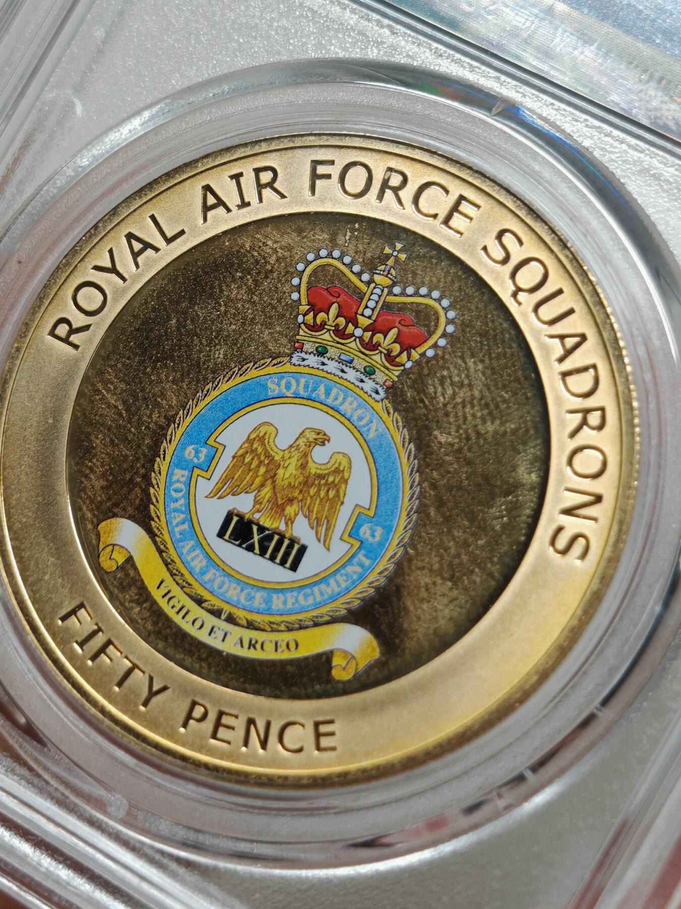 英国2013年皇家空军63中队镀金纪念币（北京公博MS68）