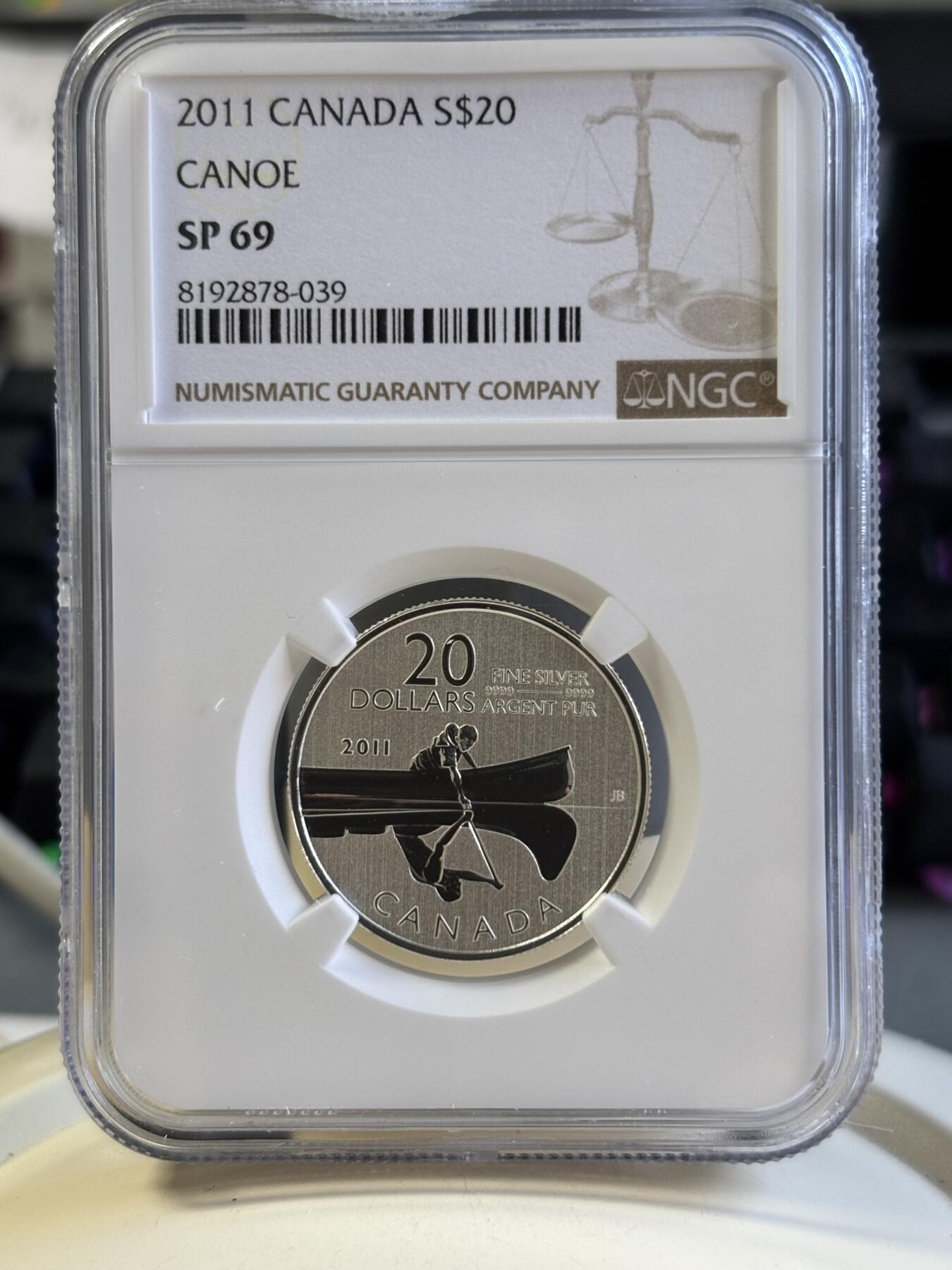 第181期拍卖 加拿大 2011年 “20换20系列”独木舟获奖银币 NGC-SP69,7.96克，9999银