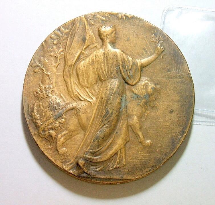 【艺术】比利时艺术大章1905年 女神雄狮 利奥波德二世高浮雕精制大铜章 70MM 135克