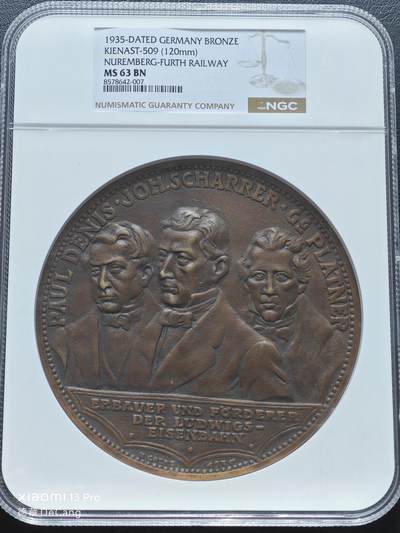 【德藏】世界币章拍卖第153期（拍品征集中~欢迎藏友联系） - 1935年 德国第一条铁路开通100周年120mm巨型纪念大铜章 章牌大师卡尔歌词设计 NGC MS63BN 超大尺寸 温润包浆 "歌茨味"十足 超大盒封装