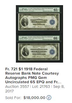 【Blue Auction】世界纸币精拍第750期——18级TOP拍卖/信誉/品质/专业/高效💫      【一组2张 均5号极小号 当时行长和出纳员亲笔签名】美国 1918年1-2美金 少见里士满版 PMG66EPQ-65EPQ 老壳 大飞鹰&军舰 华盛顿&杰斐逊 雕刻精美 大票幅 （这是一件关于美联储银行历史的伟大藏品 类似的2张7号的2017年曾拍了18000美金 这套数更小）