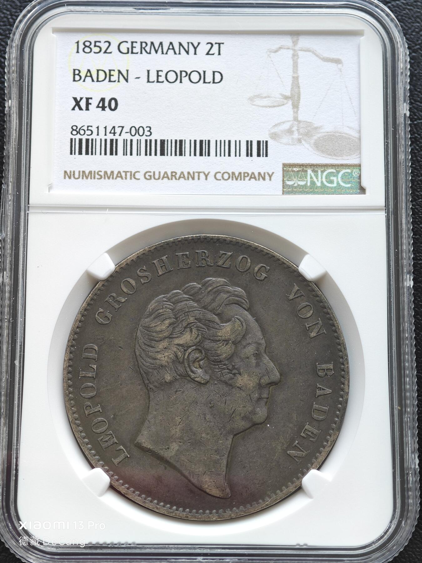 【德藏】世界币章拍卖第153期（拍品征集中~欢迎藏友联系） 1852年 德国巴登利奥波德2泰勒大银币 NGC XF40 原味历史厚重老包浆 状态极佳