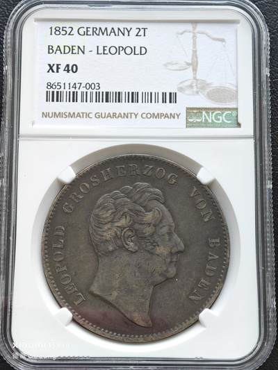 【德藏】世界币章拍卖第153期（拍品征集中~欢迎藏友联系） - 1852年 德国巴登利奥波德2泰勒大银币 NGC XF40 原味历史厚重老包浆 状态极佳