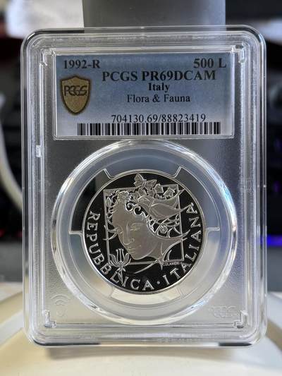 第181期拍卖 - 意大利 1992年 500里拉精制银币（克劳斯获奖币）PCGS-PR69货号A3786,15克，835银