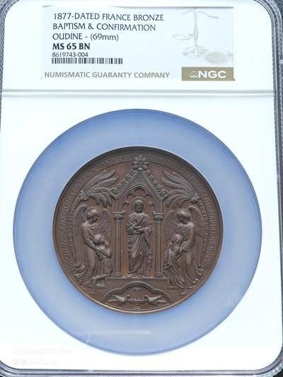 【德藏】世界币章拍卖第153期（拍品征集中~欢迎藏友联系） - 1877年 法国宗教洗礼高浮雕69mm纪念大铜章 NGC MS65BN 浮雕感极强 细节极其细致 包浆温润 人物刻画传神 大盒封装