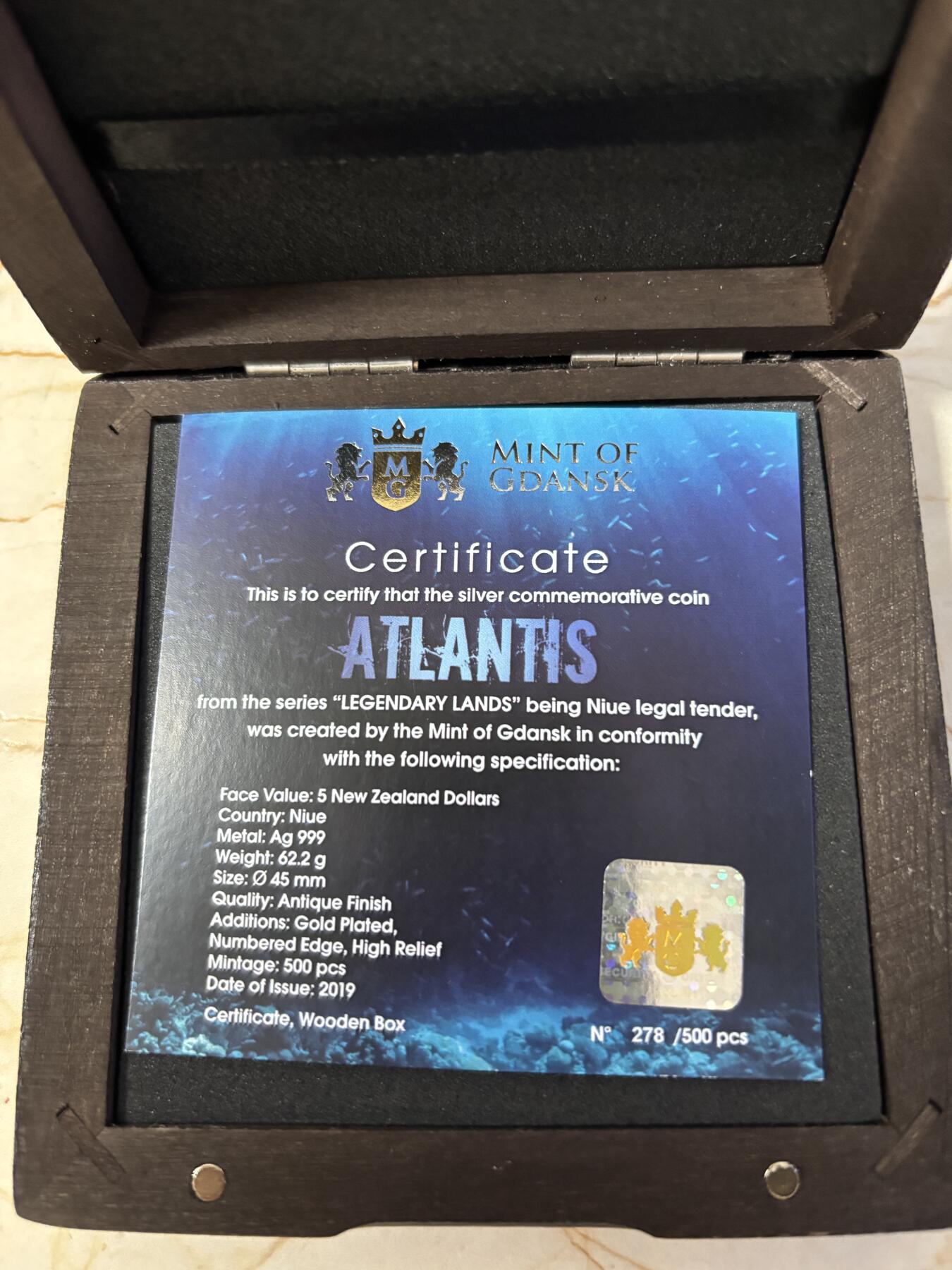 第181期拍卖 纽埃2020年传说之地亚特兰蒂斯2盎司高浮雕银币NGC-MS70原盒证书，999银，发行500枚