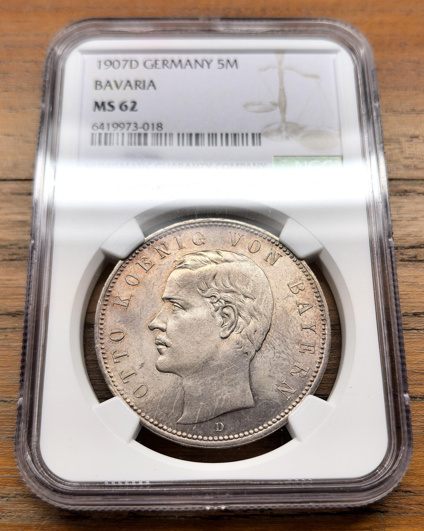 泉海漫舟·凡希社世界钱币微拍第三百十四期 1907D德国巴伐利亚5马克大银NGC-MS62
