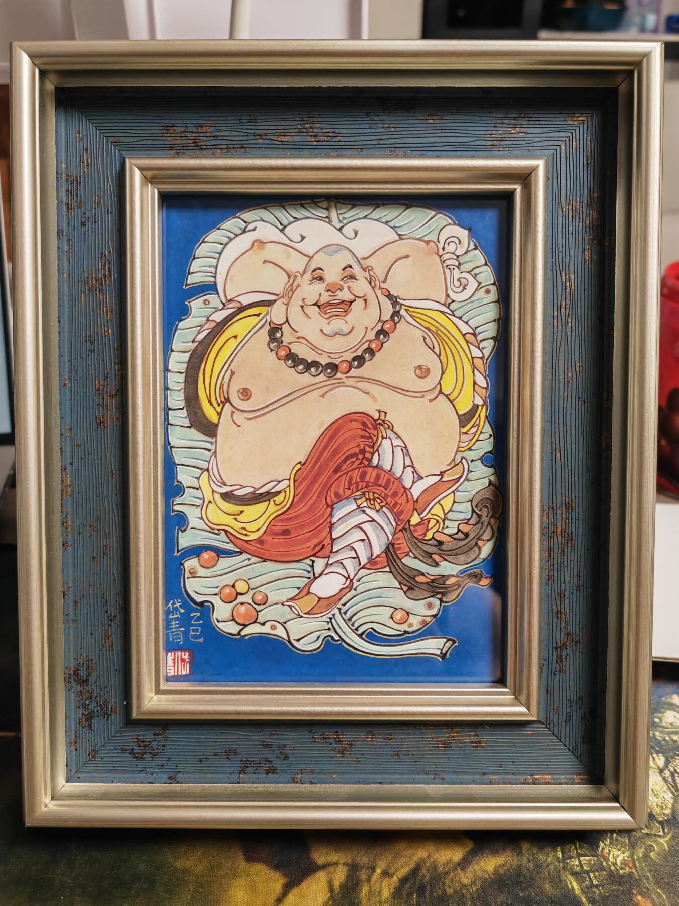 阳大大卡牌拍卖第82期（持续收拍品，周五晚上九点截拍，进群福利早知道） 【手绘卡】大师陈岱青 大小弥勒 手绘大卡 非常漂亮，已经裱框