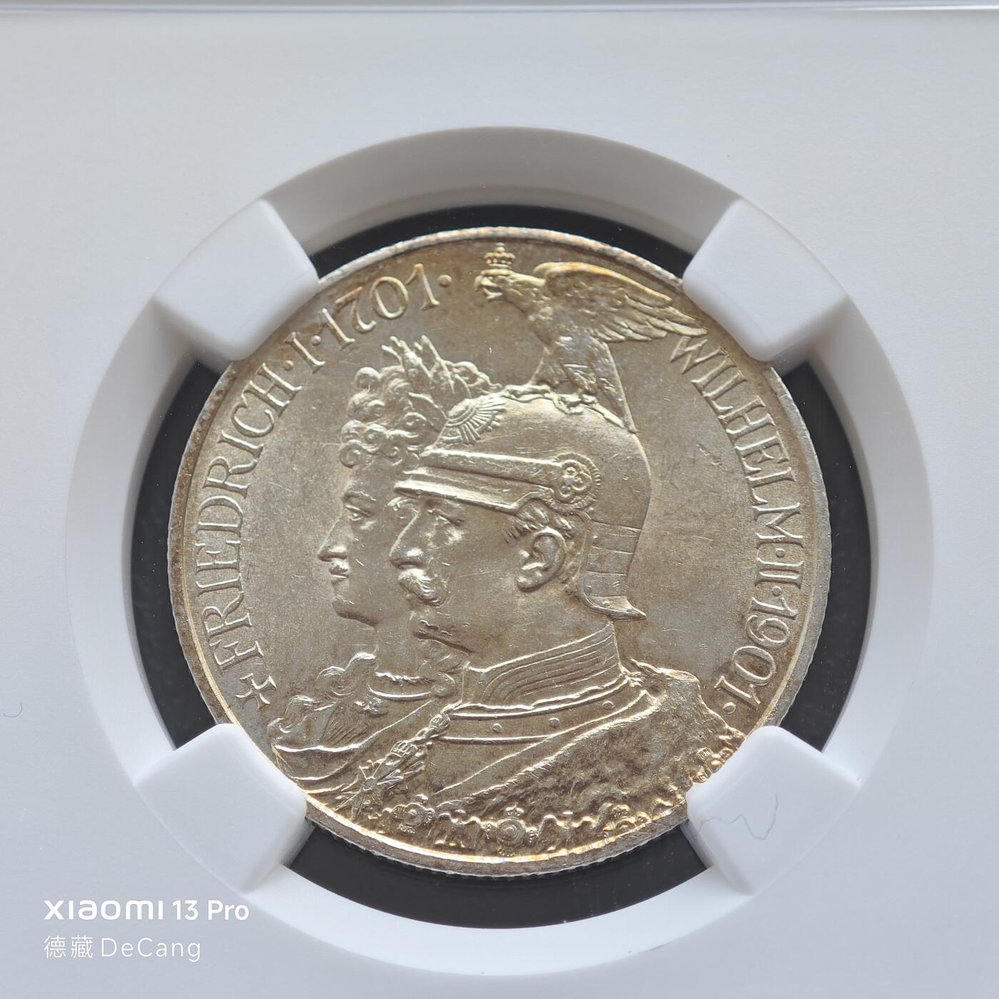 【德藏】世界币章拍卖第153期（拍品征集中~欢迎藏友联系） 1901年 德国普鲁士建国200周年2马克银币 NGC MS62 淡包浆 转光十足