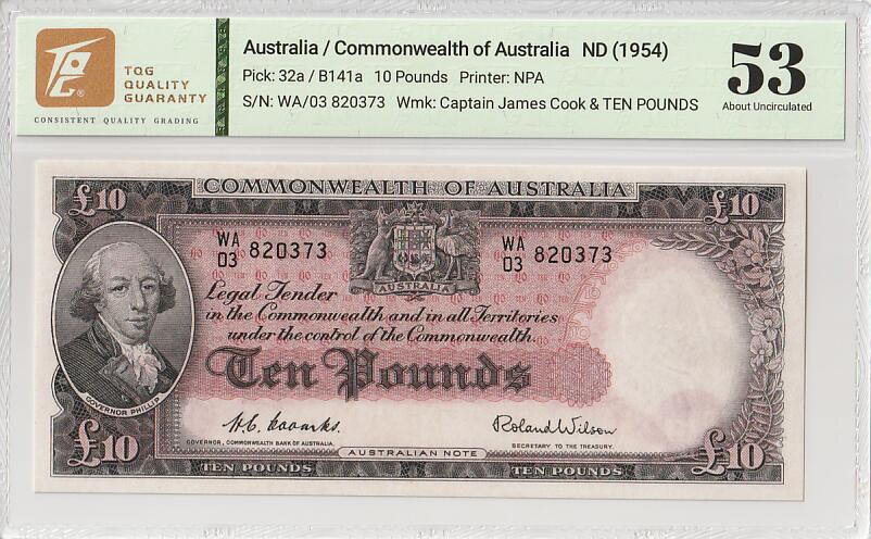 2025十一月第四期，总202期 澳大利亚1954版5镑TQG53分，稀有的“澳大利亚联邦”抬头中高面值品种，菲利普总督和电力与机械图案