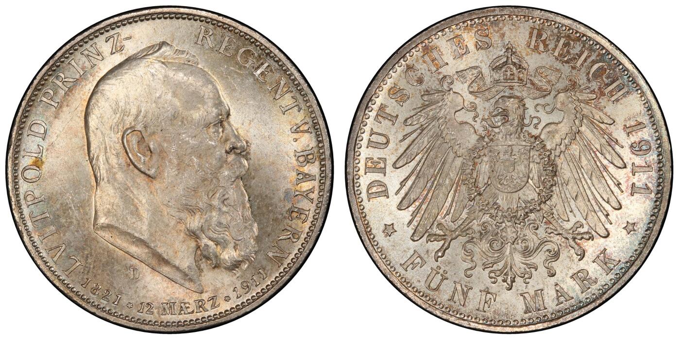 博洋堂世界钱币拍卖第146期（全场包邮） PCGS MS64+ 德国1911年巴伐利亚国王90大寿5马克银币