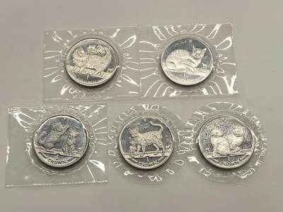 博洋堂世界钱币拍卖第146期（全场包邮） - 1993、1996、2001、2002、2003年马恩岛猫铜镍币5枚一组，原厂塑封，外面的信封包装去掉了但是塑封没有打开，品相不错