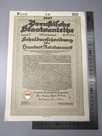 小驴勋章奖章收藏11月15日周六晚五点拍卖（珍爱和平，收藏战争，铭记历史，勿忘国耻，忠党爱国。有偿代拍，送拍规则在简介最后，参拍须阅读规则后再参拍，关系到运费包装发货时效真假辨别等关键信息，拍卖时不再发原图，看大图店主微信码在拍卖店铺介绍里） - 1937年100马克债券