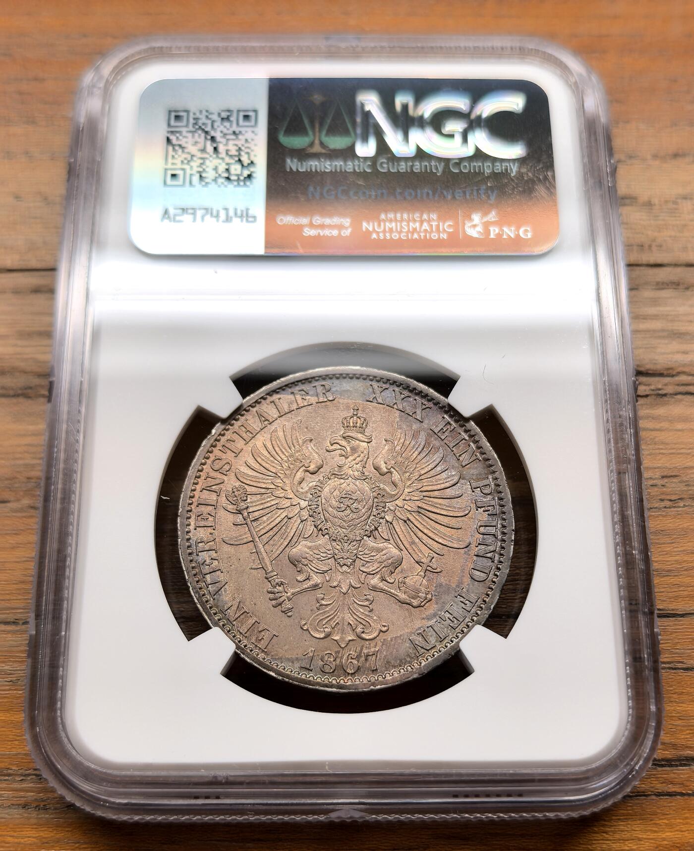 泉海漫舟·凡希社世界钱币微拍第三百十四期 1867A德国普鲁士威廉一世泰勒NGC-MS62