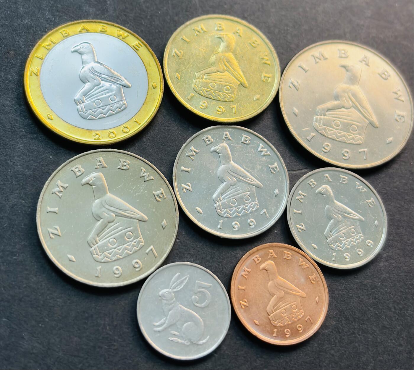 文馨钱币收藏第 281 场，【 长期接收代拍品】银元，银币，套币，纸币专场（本场截拍后休息三天，19 号发货） 少见全新津巴布韦 1 分-5 元 8 枚套币