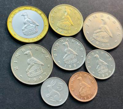 文馨钱币收藏第 281 场，【 长期接收代拍品】银元，银币，套币，纸币专场（本场截拍后休息三天，19 号发货） - 少见全新津巴布韦 1 分-5 元 8 枚套币