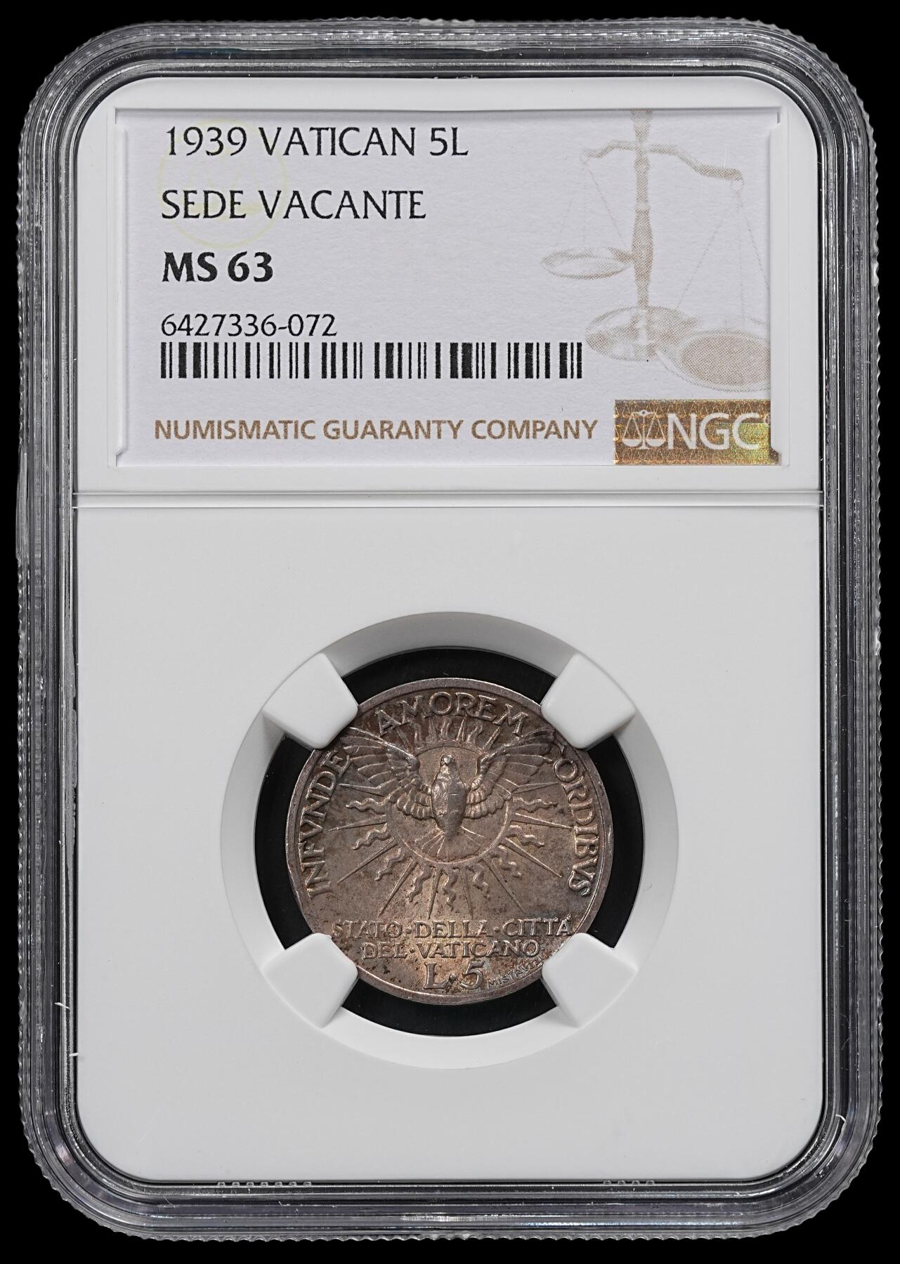 修遠堂世界钱币第九十三期 NGC MS63 1939年梵蒂冈教皇缺位5里拉银币